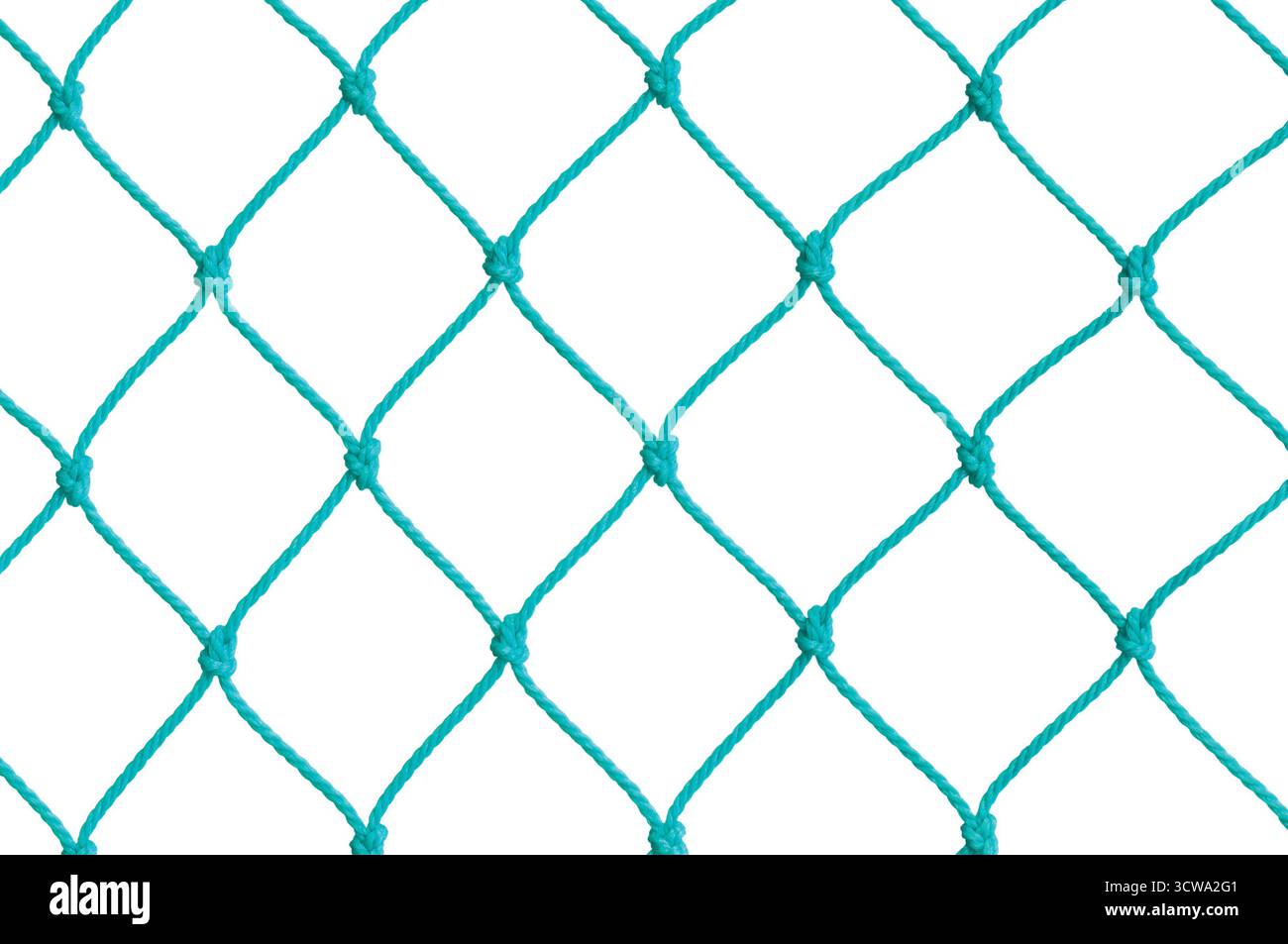 Fußball-Fußball-Tor-Post-Set Net Rope Detail, New Green Goalnet Netting Seile Knoten Muster, Horizontale Makronaht, Isolierte Große Detailleerung Stockfoto