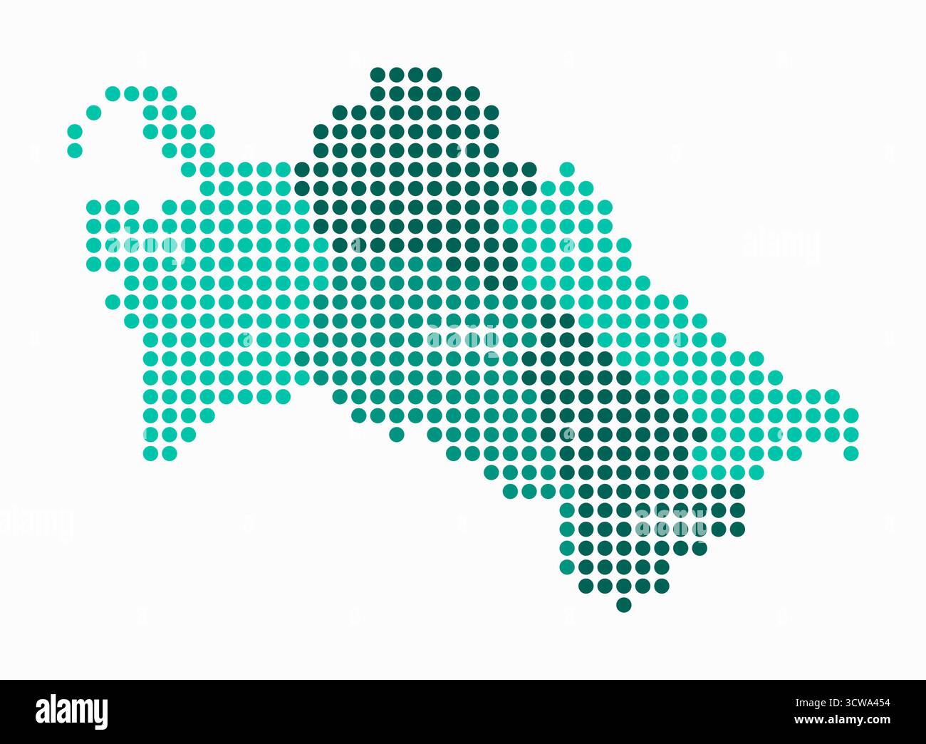 Turkmenistan gepunktete Karte. Digitale Landkarte des Landes auf weißem Hintergrund. Turkmenistan-Form mit kreisförmigen Punkten. Farbige Punkte. Stock Vektor