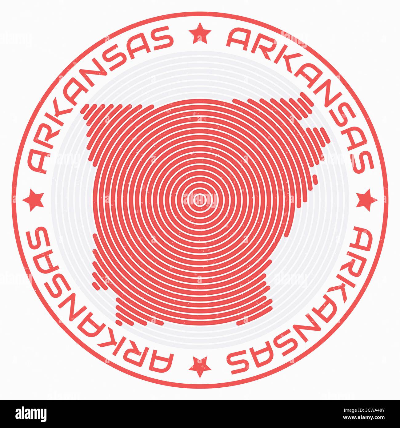 Arkansas Karte mit rundem Titel. Geben Sie die Formringe an. Arkansas-Text um die Form der Statusbegrenzung. Elegante Vektorillustration. Stock Vektor