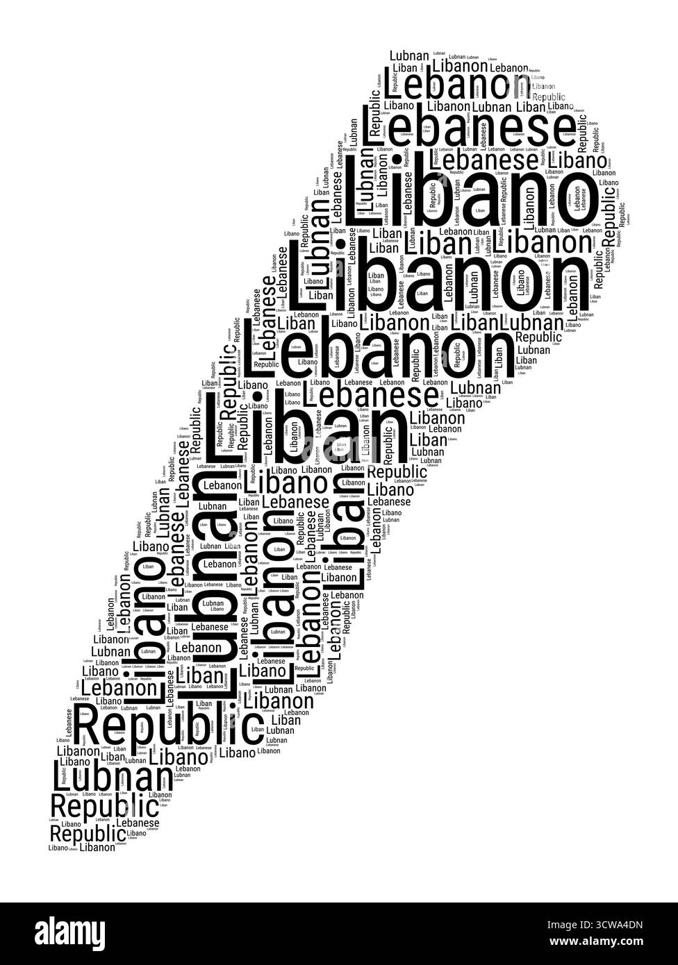 Schwarz-weiß-Wortwolke in Form des Libanon. Einfache typografische Darstellung des Landes. Stock Vektor