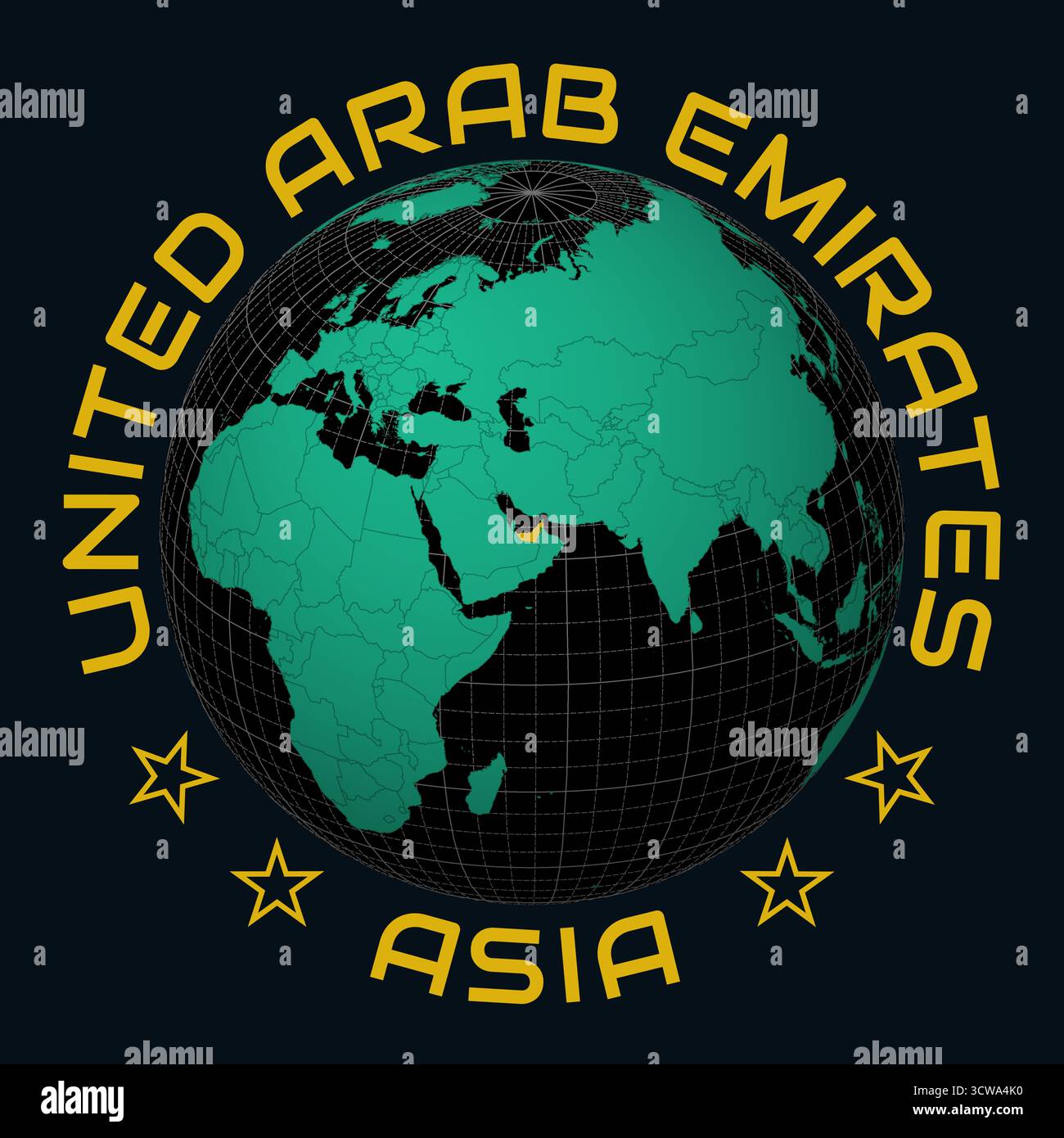 Vereinigte Arabische Emirate auf Globe. Runder Text für Land und Kontinent. Länderansicht auf Weltkarte in der Farbpalette Black Emerald. Stock Vektor