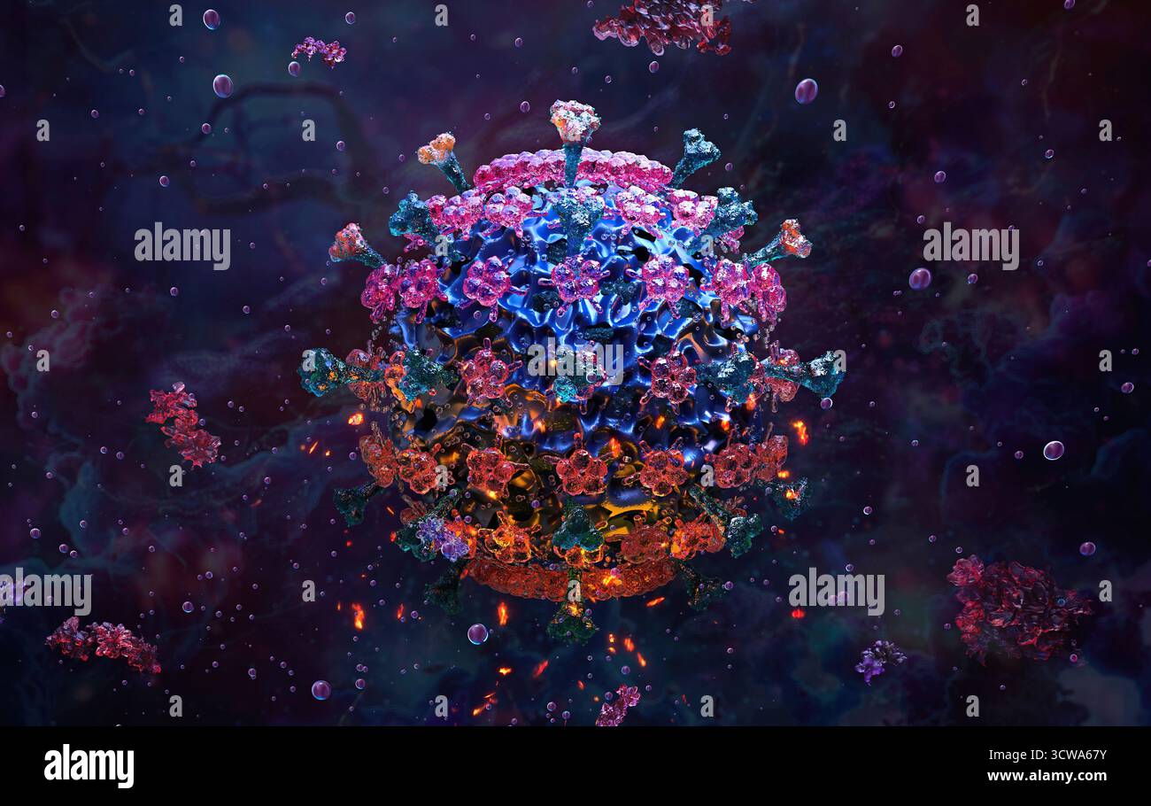 Abbildung eines Rotaviruspartikels mit detaillierter Kapsidmorphologie. Umgebende Proteinfragmente stellen virale Strukturproteine dar, die an der Kapsidbildung und Wirtsinteraktion beteiligt sind. Stockfoto