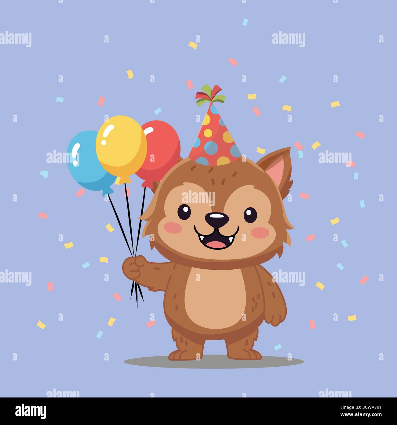 Ein niedlicher, lächelnder Werwolf mit Partyhut und bunten Ballons, perfekt für Geburtstage, Feiern oder einen lustigen Freund Stock Vektor
