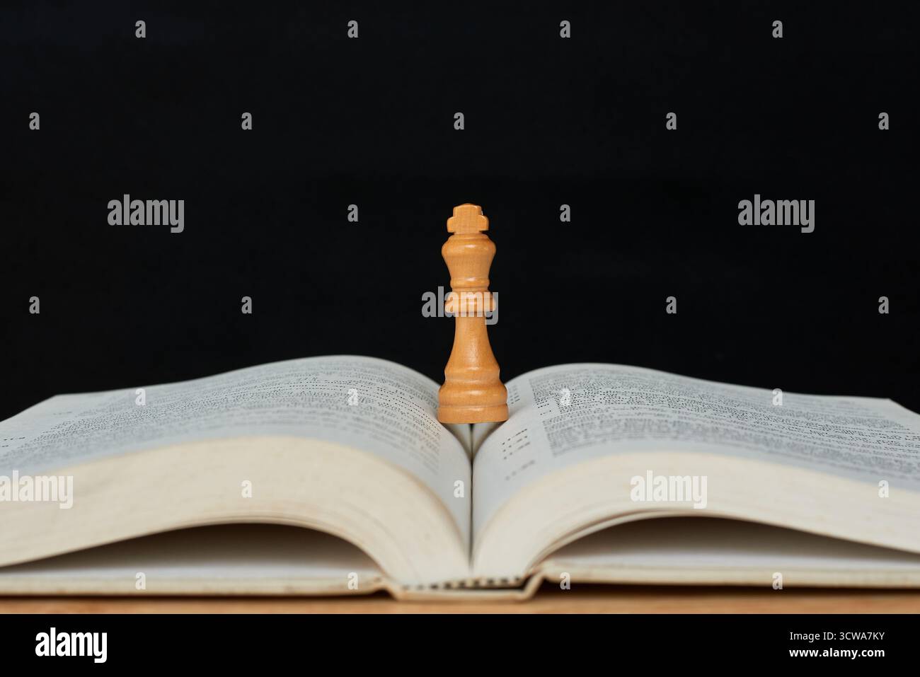 Eine mächtige Metapher für Erfolg durch Wissen. Ein hölzernes Königsschach steht siegreich mitten in einem offenen Buch vor einem dunklen Hinterwäldler Stockfoto