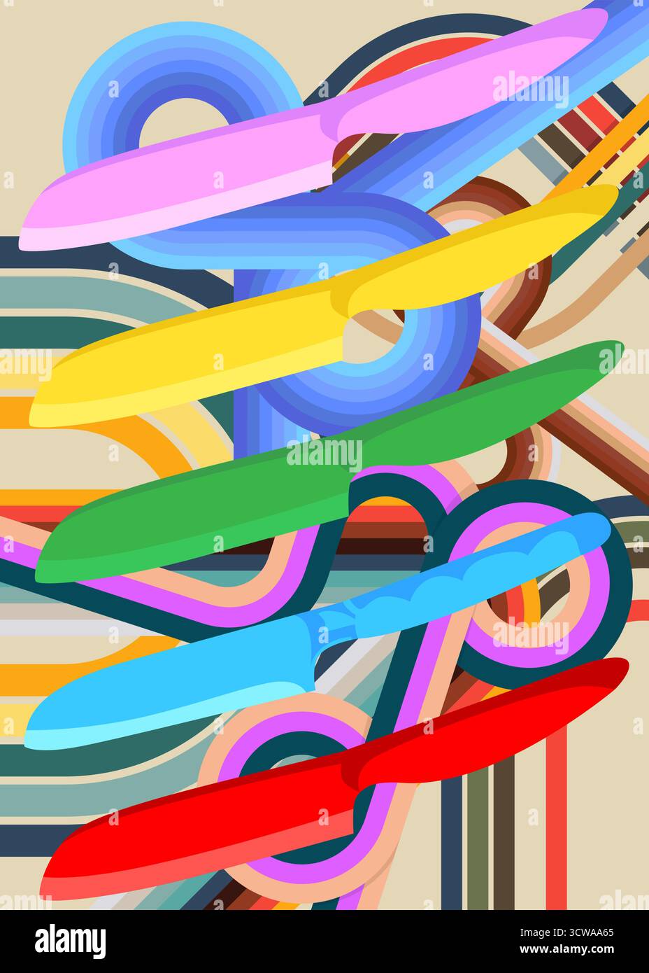 Retro 70er Jahre Hintergrund mit Küchenmesser. Groovige, scharfe Kunstvorlage aus den 1970er Jahren. Minimalistisches Poster im Vintage-Design. Altmodische Farbvorlagen. Stock Vektor