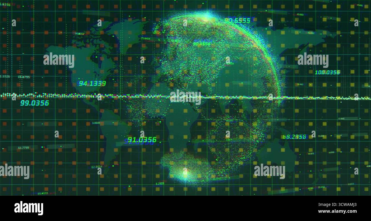Anzeige von 3D-Datenkugel, die aus Clustern im Dashboard, Rasterüberlagerung, Kurven- und numerischen Beschriftungen gebildet werden Stockfoto