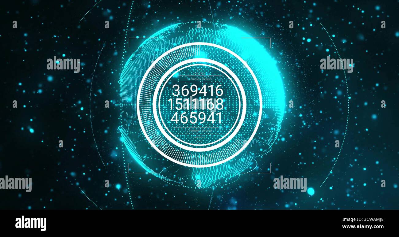 Holographischer Globus mit numerischer Anzeige im 3D-Raum mit HUD-Elementen und Partikeln Stockfoto