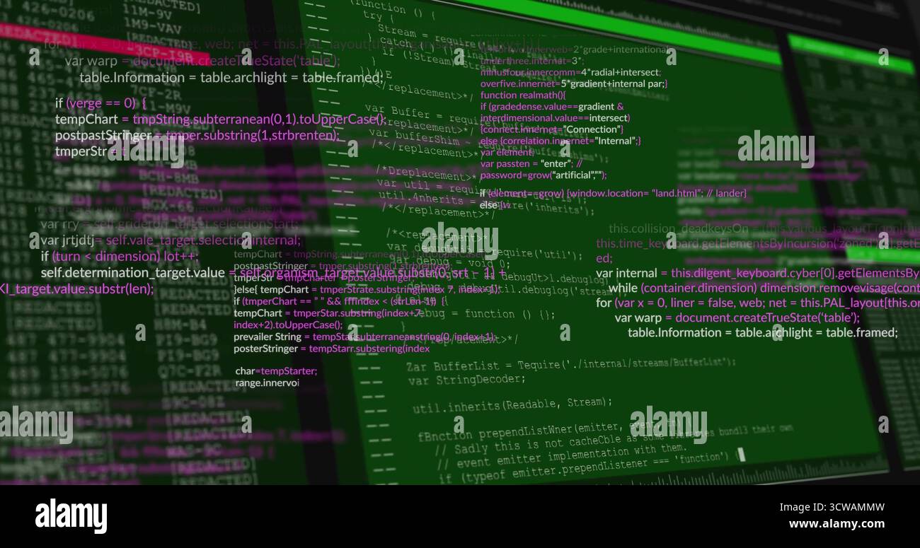 Anzeigen von mehrschichtigem JavaScript-Code auf dem Monitor in der Programmierumgebung mit dunklem Texteditor Stockfoto