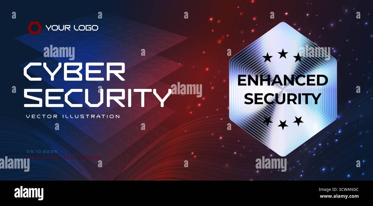 Hintergrund für Cybersicherheit mit leuchtendem Hexagon-Logo, Sternen und rot-blauem Techraster. Für SOC-Berichte, IT-Compliance, Website-Header, Event-Banner Stock Vektor