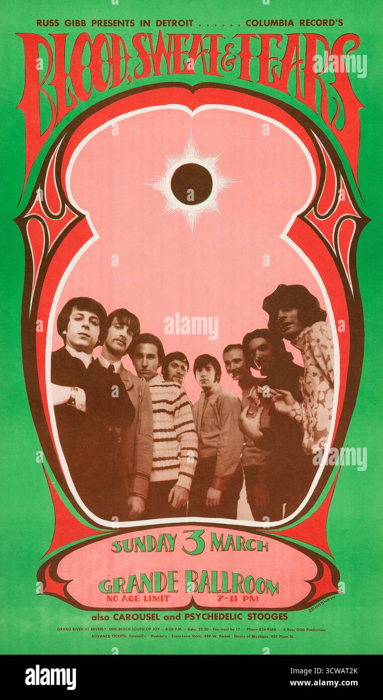 Blood, Sweat & Tears, also Carousel and Psychedelic Stooges (Iggy Pop) – Grande Ballroom Concert Poster, Sonntag, 3. März 1968 – Grimshaw-Kunstwerk Stockfoto