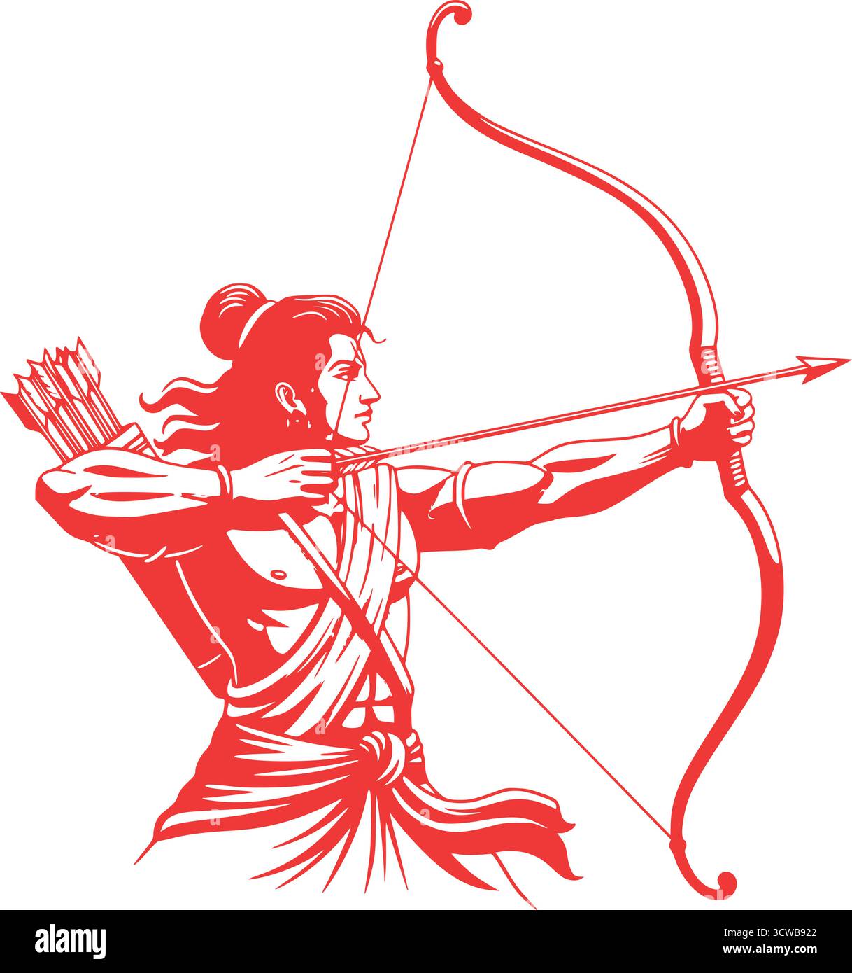 Lord Rama Bogenschießen Action Drawing. Hinduistische Gottheit mit Bogen und Pfeil. Indische Kultur Mythologie Illustration. Stock Vektor