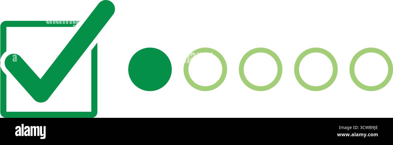 Häkchen für das Fortschrittskonzept, Symbol für die fünf-Schritte-Statusanzeige. Die Vektorabbildung zeigt den abgeschlossenen ersten Schritt. Erfolgspfad, Abschluss der Zielerreichung, Stock Vektor