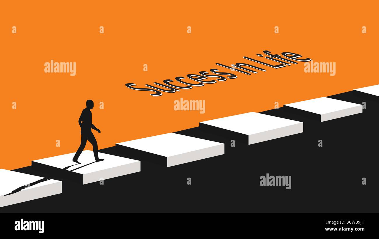Die Silhouette des Mannes geht die weiße Treppe hinauf zum Text „Erfolg im Leben“. Darstellung der persönlichen Entwicklung, des beruflichen Aufstiegs, der Zielerreichung auf oder Stock Vektor