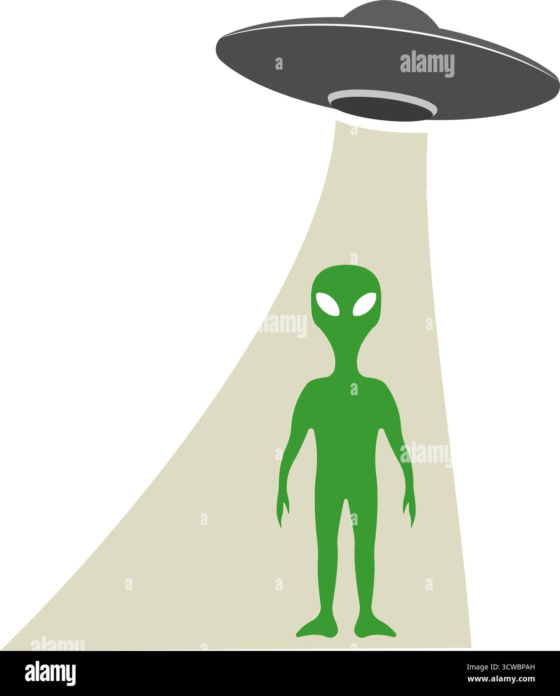 Alien-Ikone mit einem fliegenden leuchtenden UFO. Stock Vektor