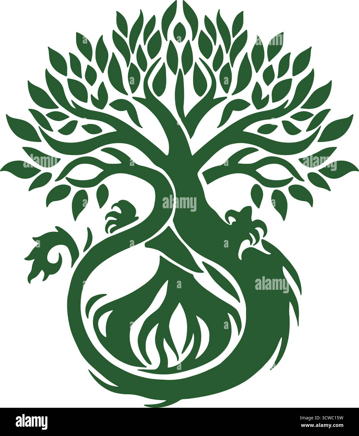 Green Tree Dragon Fusion – Mythische Natur Symbol Vektor Illustration Stock Vektor