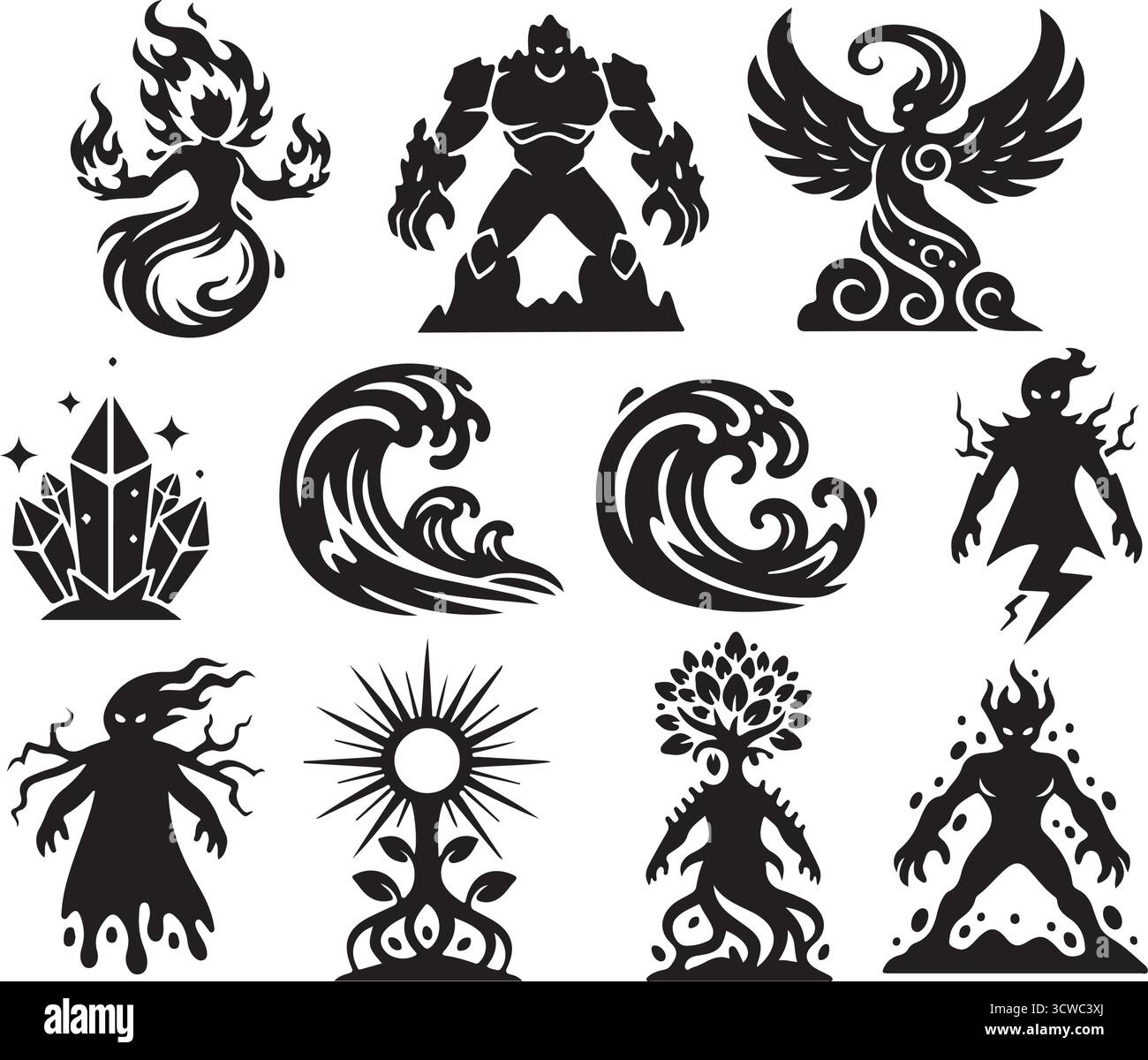 Elementare Kreatur und magische Silhouetten - Fantasy Vektor Set Stock Vektor