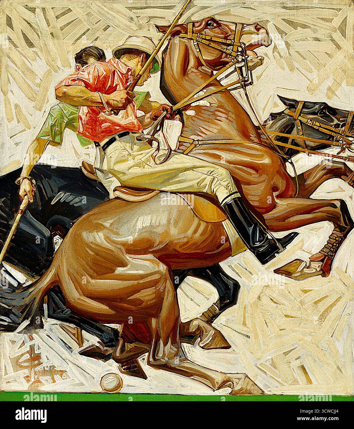 Joseph Christian Leyendecker - Polo Players on Horseback - (1914) - wurde ursprünglich als Cover-Illustration für die Frühjahr- und Sommerausgabe 1914 von Styles for Men verwendet, eine Werbung für die Herrenbekleidungsfirma The House of Kuppenheimer. Leyendecker, bekannt für seine Arbeit im Goldenen Zeitalter der amerikanischen Illustration, schuf zwischen 1896 und 1950 mehr als 400 Titelblätter, davon 322 für die Saturday Evening Post. Das Gemälde ist ein Öl auf Leinwand und zeigt Leyendeckers Fähigkeit, Action und idealisierte Figuren mit satten Farben und Texturen einzufangen. Stockfoto