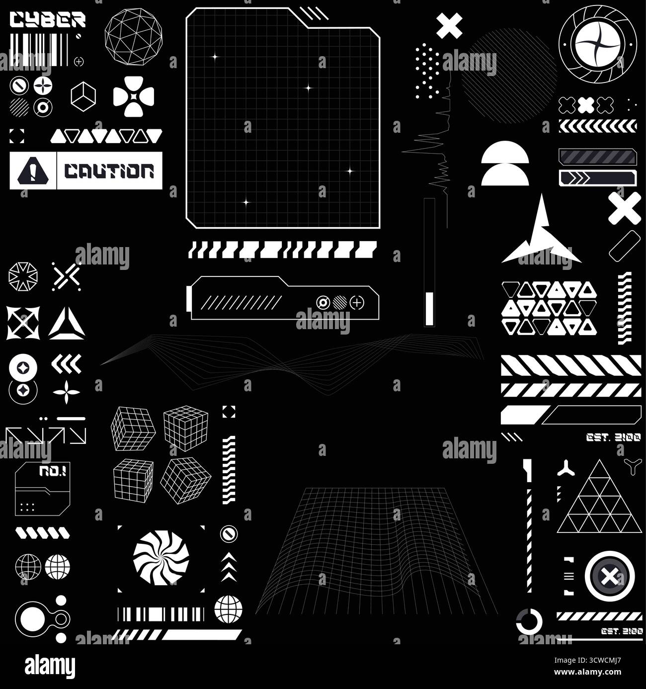 Futuristische Schriftgrafik im Sci-Fi-Art-Stil, Schriftzug mit HUD- und Y2K-Elementen für Streetwear und T-Shirt-Typografie Stock Vektor