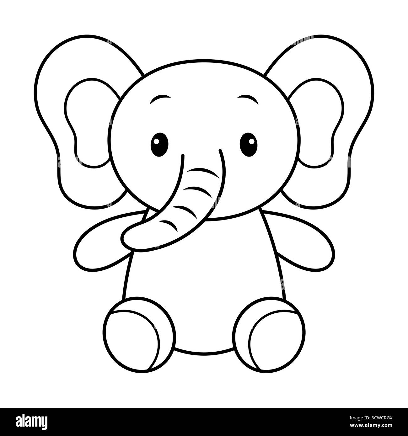 Niedlicher Elefant, der mit einem freundlichen Ausdruck sitzt. Perfekt für Kinderdesigns, Ausmalseiten, Kinderbücher, Aufkleber und Lehrmaterialien. Stock Vektor