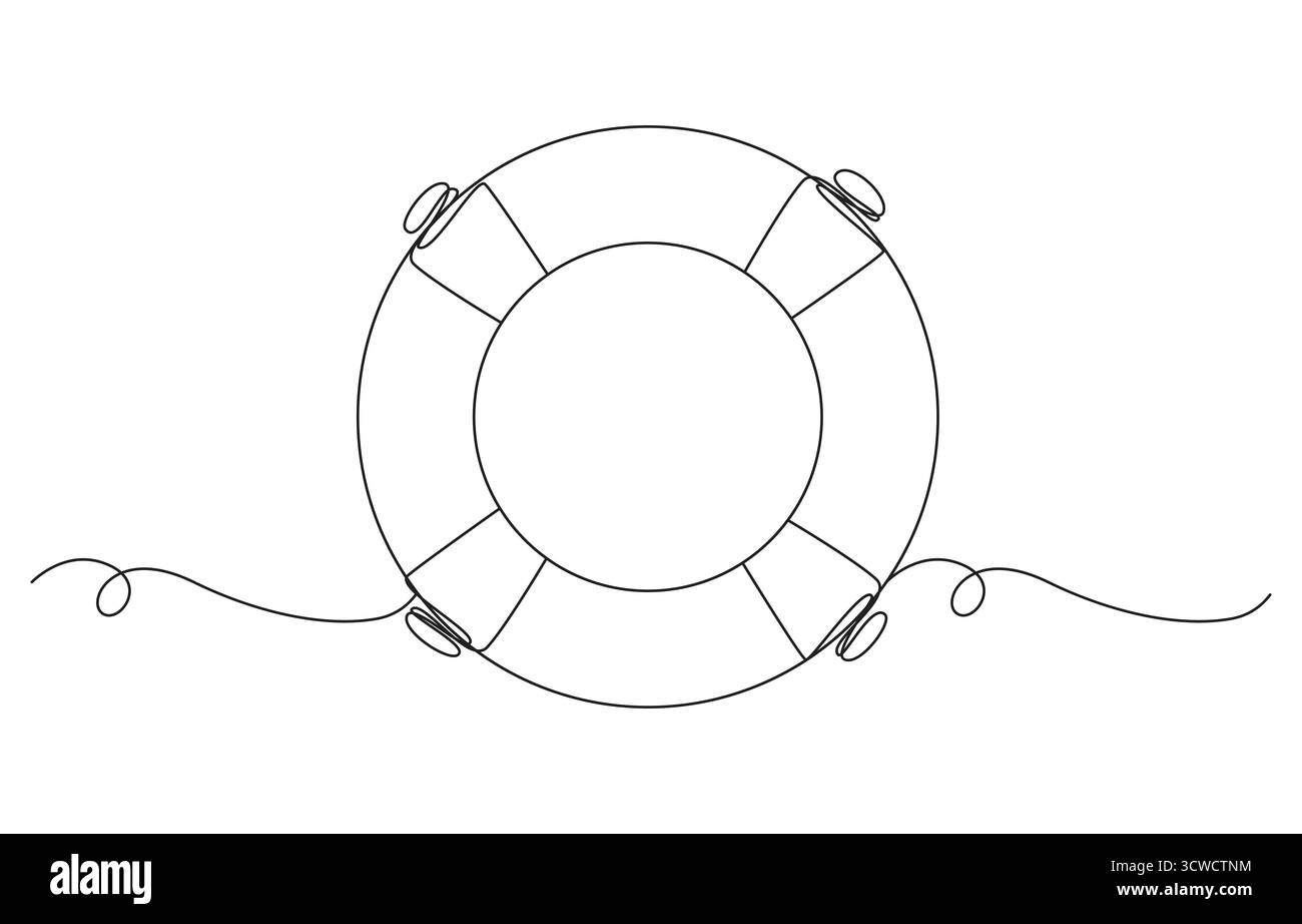 Eine durchgehende Linienzeichnung von Lifebuoy. Rettungsgurt und Gummiring mit Seil in einfacher linearer Ausführung. Lifebuoy One-Line-Zeichnung für Sicherheit und Halt Stock Vektor