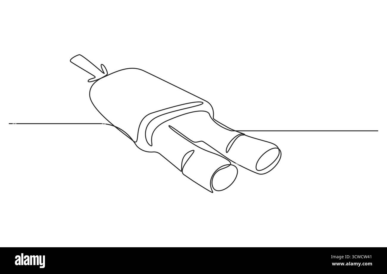 Auto-Auspuff durchgehende eine Linie Kunst Zeichnung Vektor Illustration, Auto Auspuff Rohr und Katalysator System eine Linie Kunst Stock Vektor