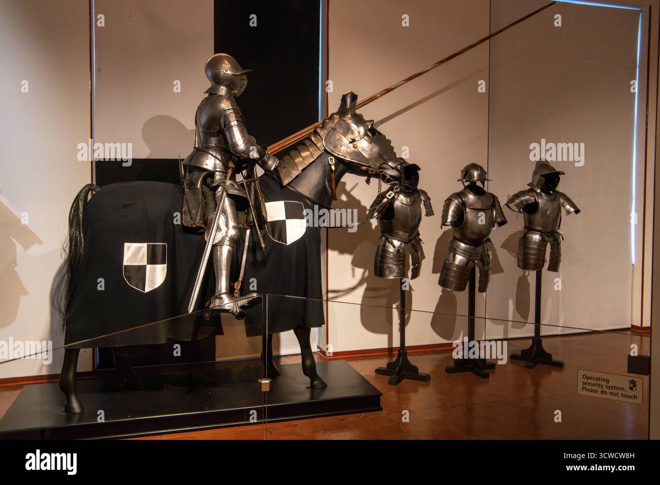 Deutschland, Sigmaringen, 02.10.2025 das Schloss Sigmaringen, auch Hohenzollernschloss, ist ein ehemaliges fuerstliches Residenzschloss und Verwaltungssitz der Fürsten von Hohenzollern-Sigmaringen. Das Schloss Thrront auf einem die Donau einengenden, lang gestreckten Kalkfelsen des Weißjuras, dem Schlossberg. Der Felsruecken ist rund 200 Meter lang und erhebt sich bis zu 35 Meter ueber die Donau. Foto: Die Waffenhalle Hohenzollernschloss-Sigmaringen *** Deutschland, Sigmaringen, 02 10 2025 Schloss Sigmaringen, auch bekannt als Schloss Hohenzollern, ist ein ehemaliges königliches Residenzschloss Stockfoto