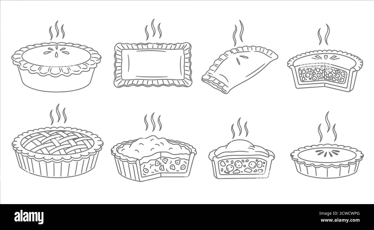 Sammlung von Tortensymbolen Satz von linearen Vektorabbildungen verschiedener Tortenarten mit Dampf Stock Vektor