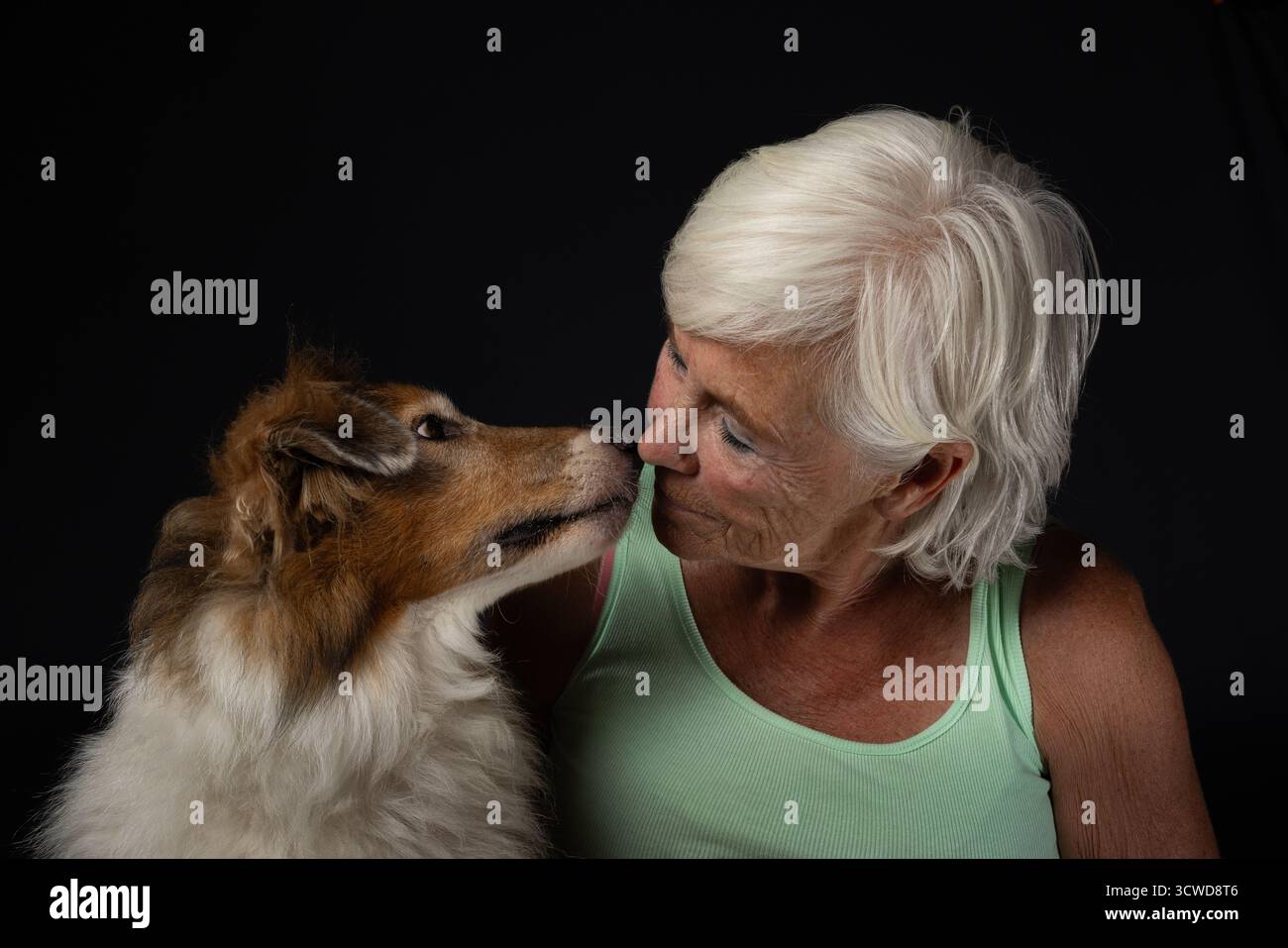Ein berührendes Atelierporträt einer älteren Frau, die liebevoll ihren Collienhund anschaut. Das Bild fängt einen ruhigen Moment emotionaler Verbundenheit ein Stockfoto