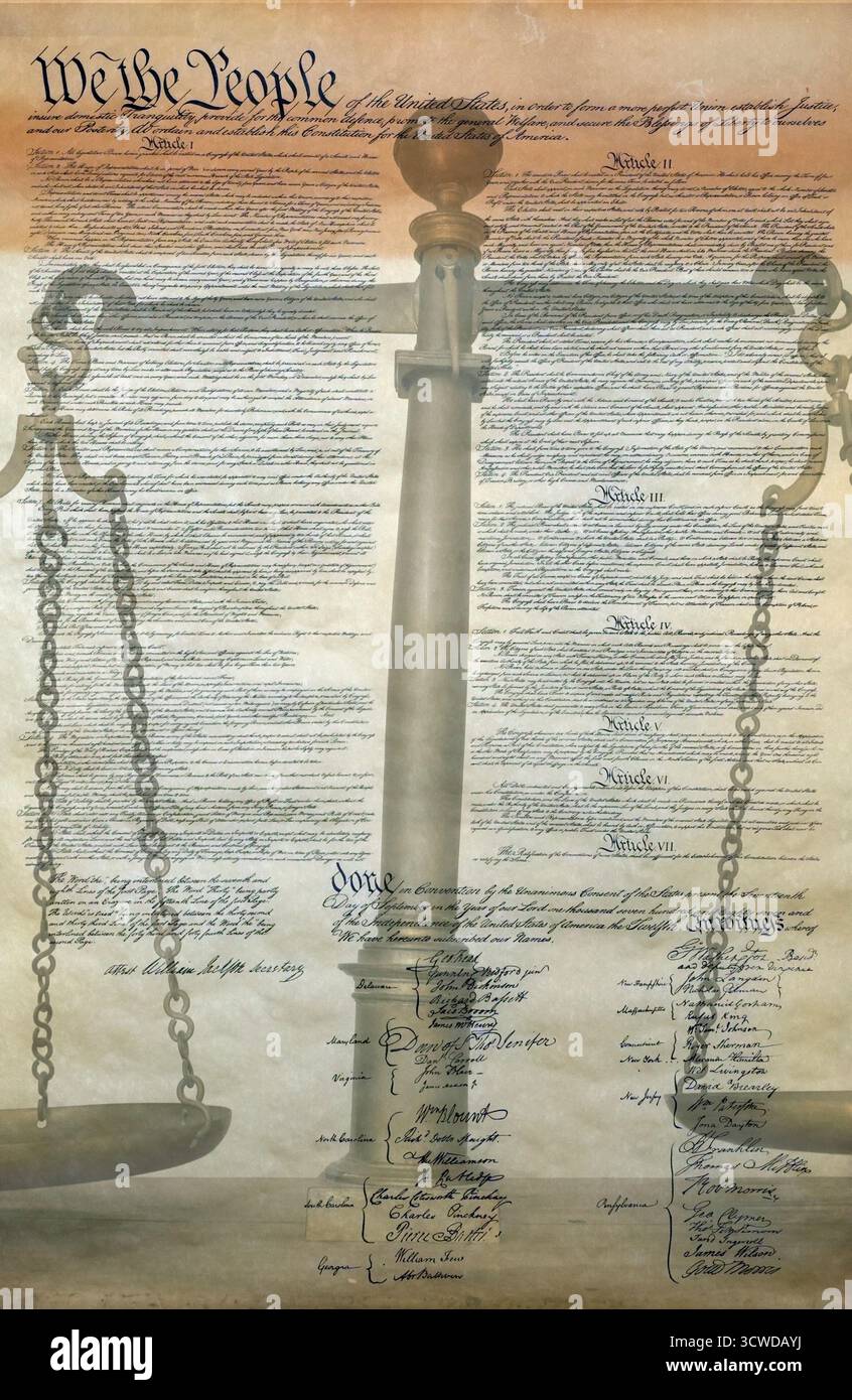 Die Verfassung der USA, wir die Menschen auf dem Hintergrund des Gleichgewichts der Justiz Stockfoto