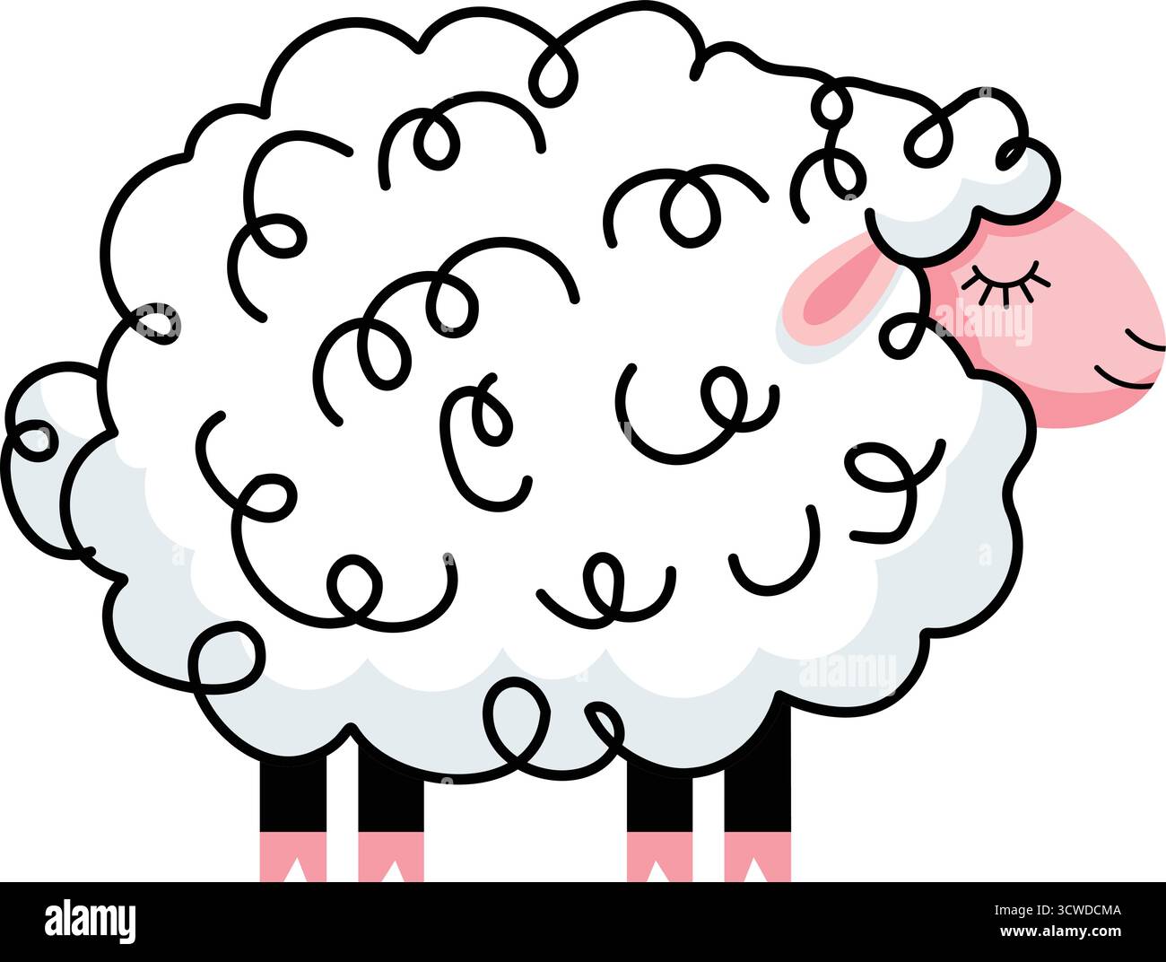 Entzückende Zeichentrickfigur Schafe mit lockiger weißer Wolle, einem weichen rosa Gesicht und friedlich geschlossenen Augen auf sauberem Hintergrund. Stock Vektor