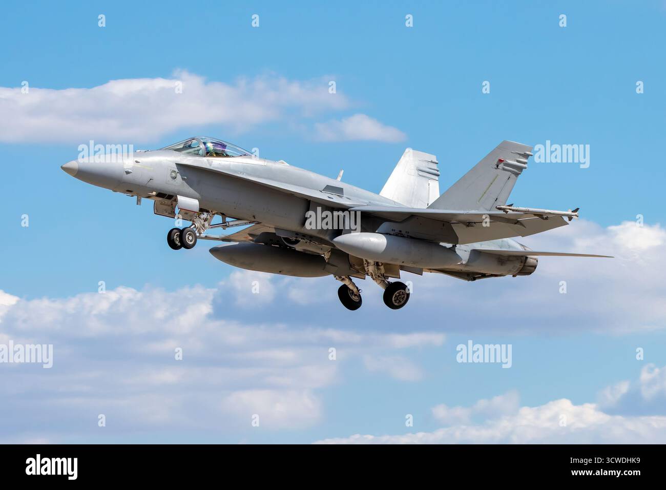 Avión militar F-18 despegando metiendo tren de aterrizaje Stockfoto