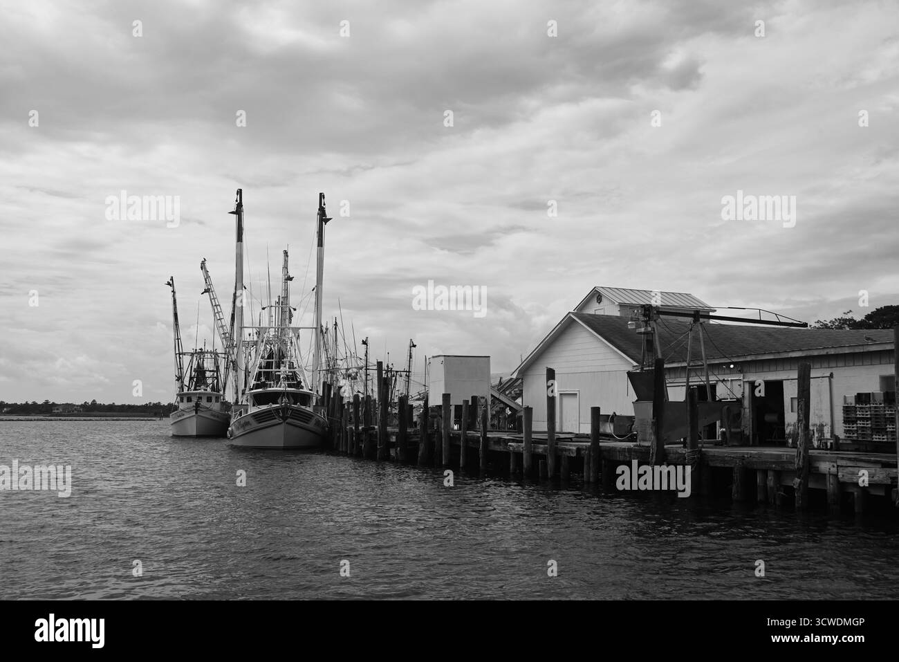 Kommerzielle Fischtrawler am Hafen von Raccoon Creek in der historischen Kleinstadt Oriental, North Carolina Stockfoto