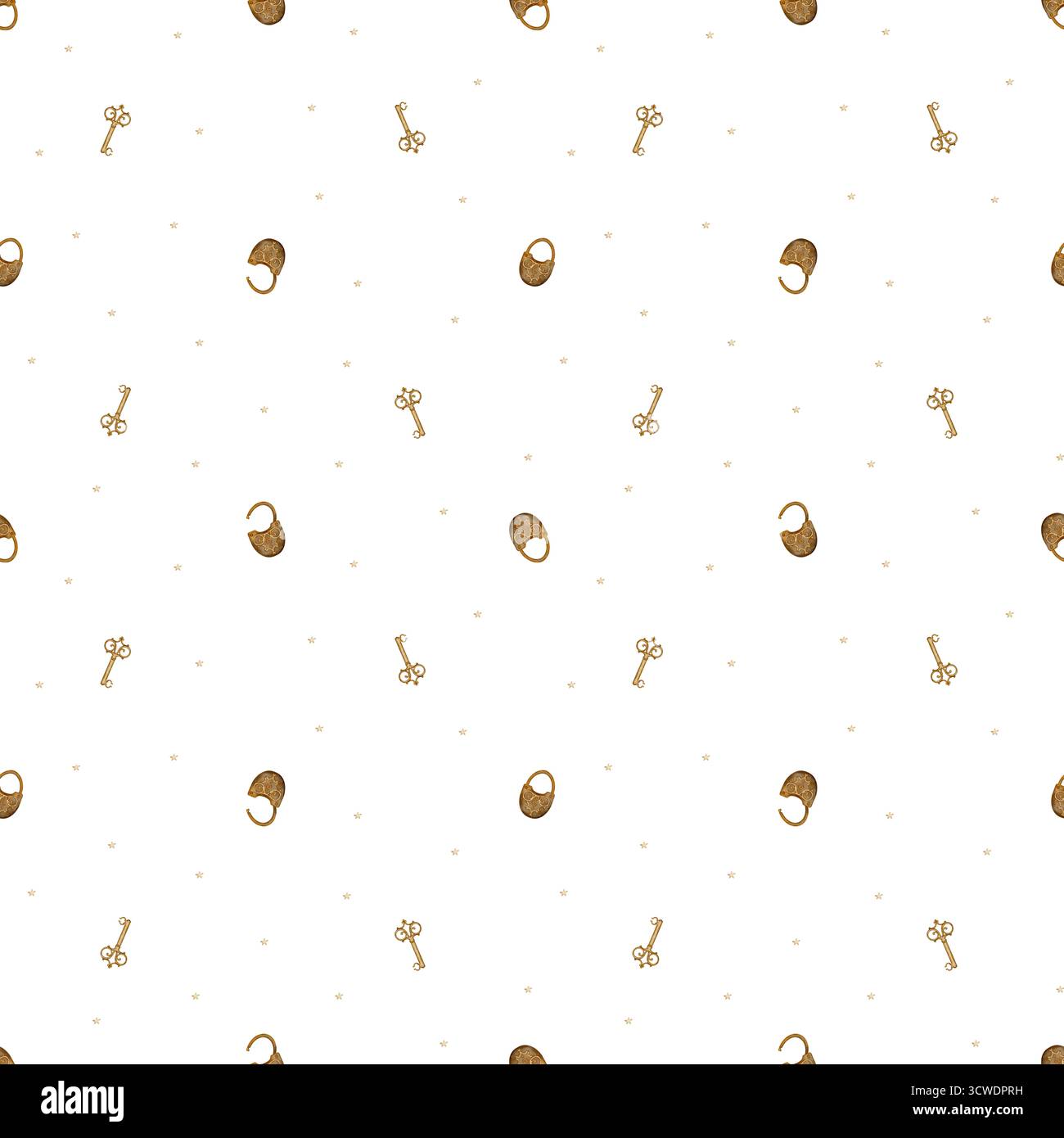 Vintage-Schlüssel mit Muster, Bronzeschloss mit Sternen. Handgezeichnete Aquarellillustration im kindlichen Retro-Stil. Nahtloser Druck wird vom Hintergrund isoliert Stockfoto