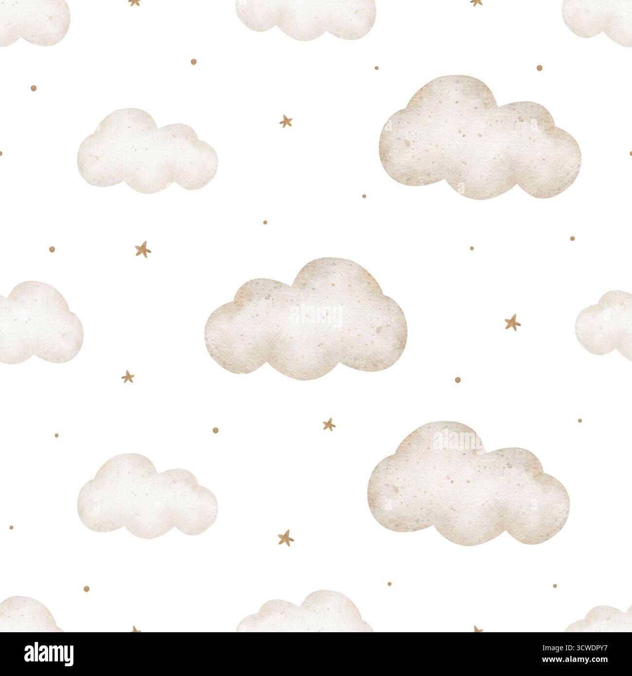 Muster sanfte beige Wolken, Sterne. Handgezeichnete Aquarellillustration im Retro-Stil. Nahtloser Druck ist vom Hintergrund für Neugeborene und Kinderzimmer isoliert Stockfoto