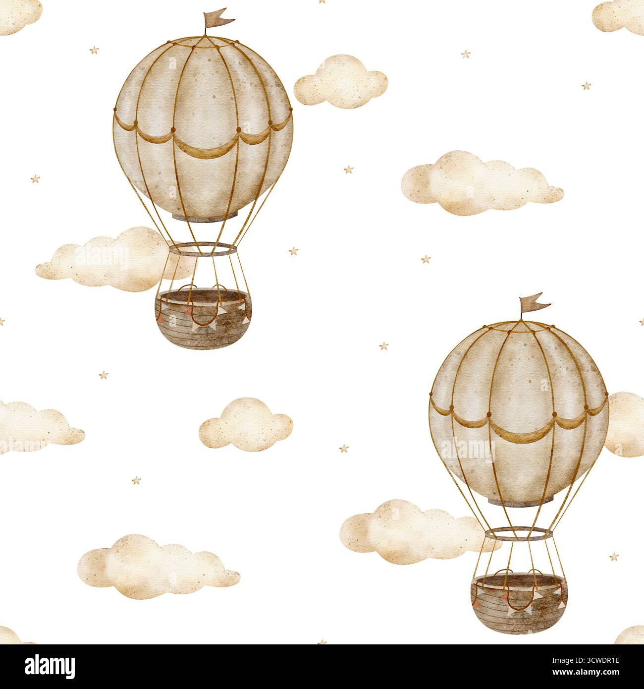 Nahtlose Muster beige Ballons, Wolken, Sterne. Handgezeichnete Aquarellillustration im kindlichen Stil. Ausdruck isoliert vom Hintergrund für das Kinderzimmer Stockfoto