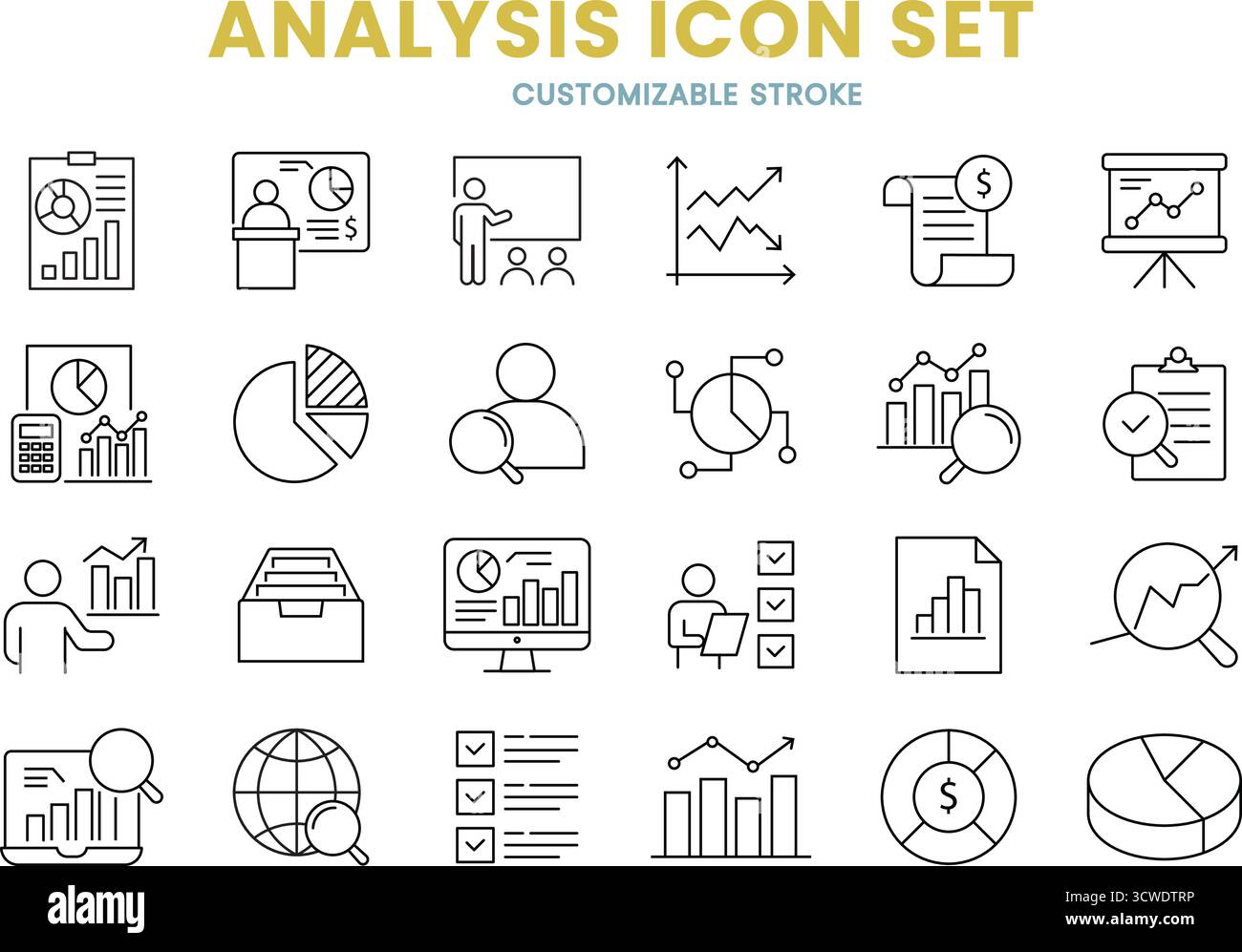 Analyse Symbolsatz, Infografik, Analyse, Forschung, Balance, Diagramme, Bericht, Buchhaltung, Bankwesen, anpassbare Kontur, Vektor, Abbildung Stock Vektor