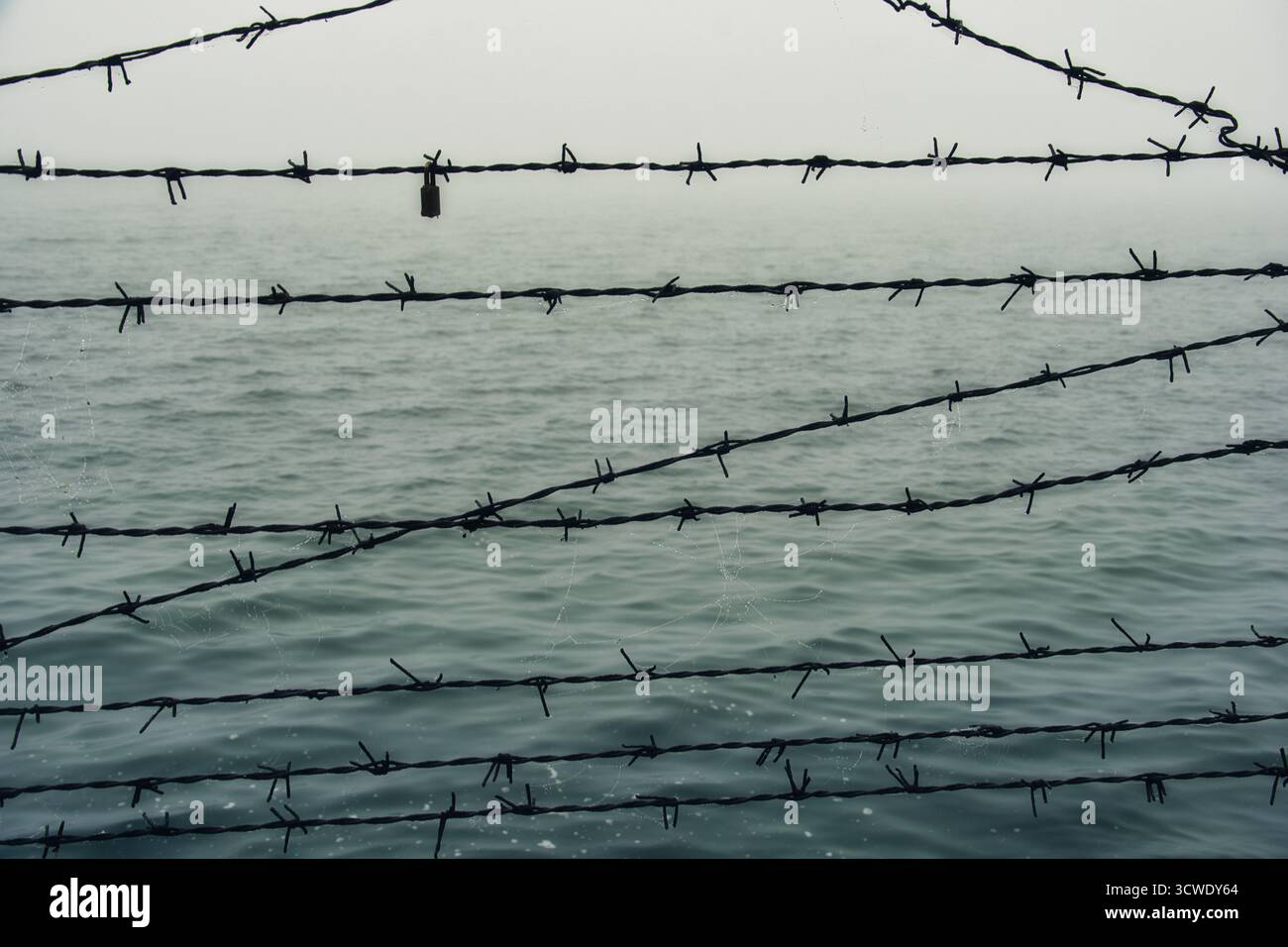 Stacheldrahtabsperrung über grauem Nebelmeer in Tallinn Stockfoto