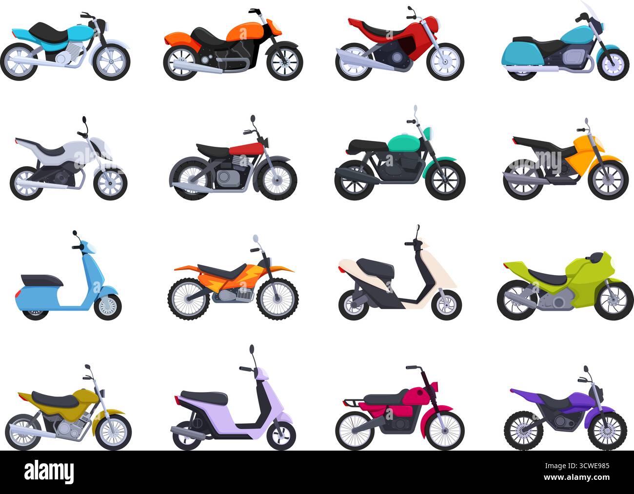 Cartoon Motorrad Set. Isolierte Motorräder und Motorroller. Fahrzeug für Lieferung, Motocross, Reise. Sporting Bikes Symbole Seitenansicht, Sapid Vector Clipart Stock Vektor