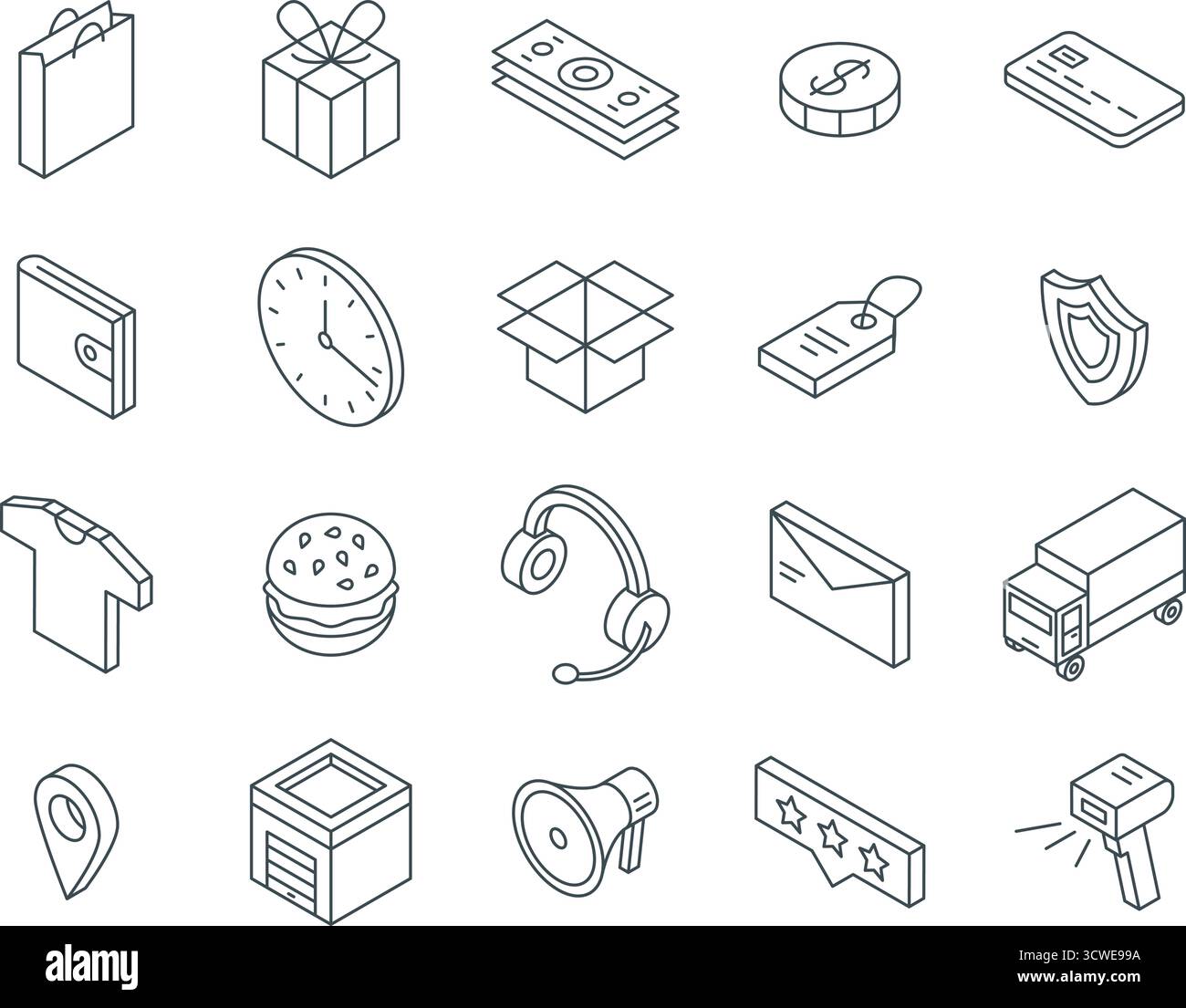 Isometrische E-Commerce-Symbole. Lieferung und Transport. Online-Shopping, E-Marketing und Logistik. Warenumrisse Icon, Lebensmittel und Kleidung, raffinierte Vektor Stock Vektor