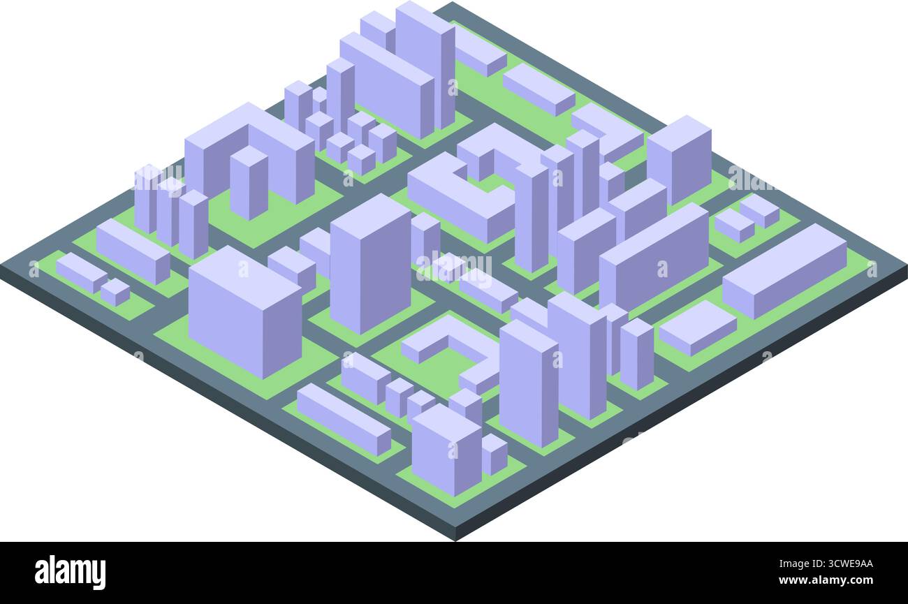 Isometrische saubere Stadtkarte. Abstraktes urbanes 3D-Design, kleine Stadt oder Bezirk innerhalb der Metropole. Straße, Grünfläche und Blöcke, Liefervorlage, schick Stock Vektor
