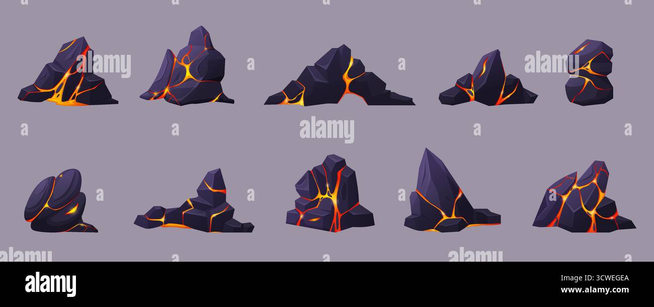 Cartoon vulkanische Felsen. Steine mit Feuerflüssigkeit in Rissen. Magma glüht in Bergwerken, brocken zerrissener Felsen mit roten heißen Strömen, heute Vektor-Set ori Stock Vektor