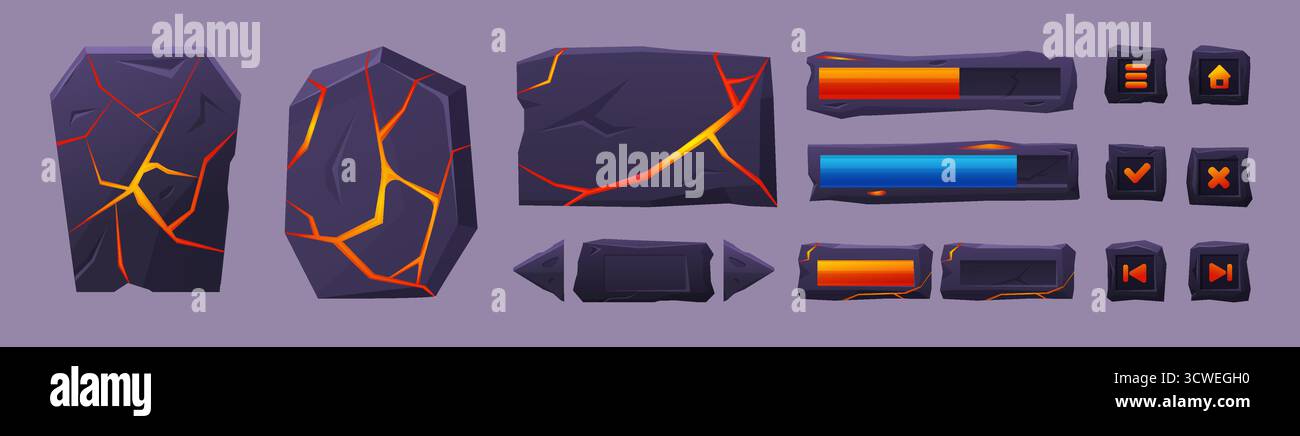 Lava ui Spielelemente. Kaputte Steinknöpfe mit heißen Magmaströmen. Vulkanische Gesteinsstrukturen. Menüdesign der Webschnittstelle, Fortschrittsbalken, heute Vektor Stock Vektor
