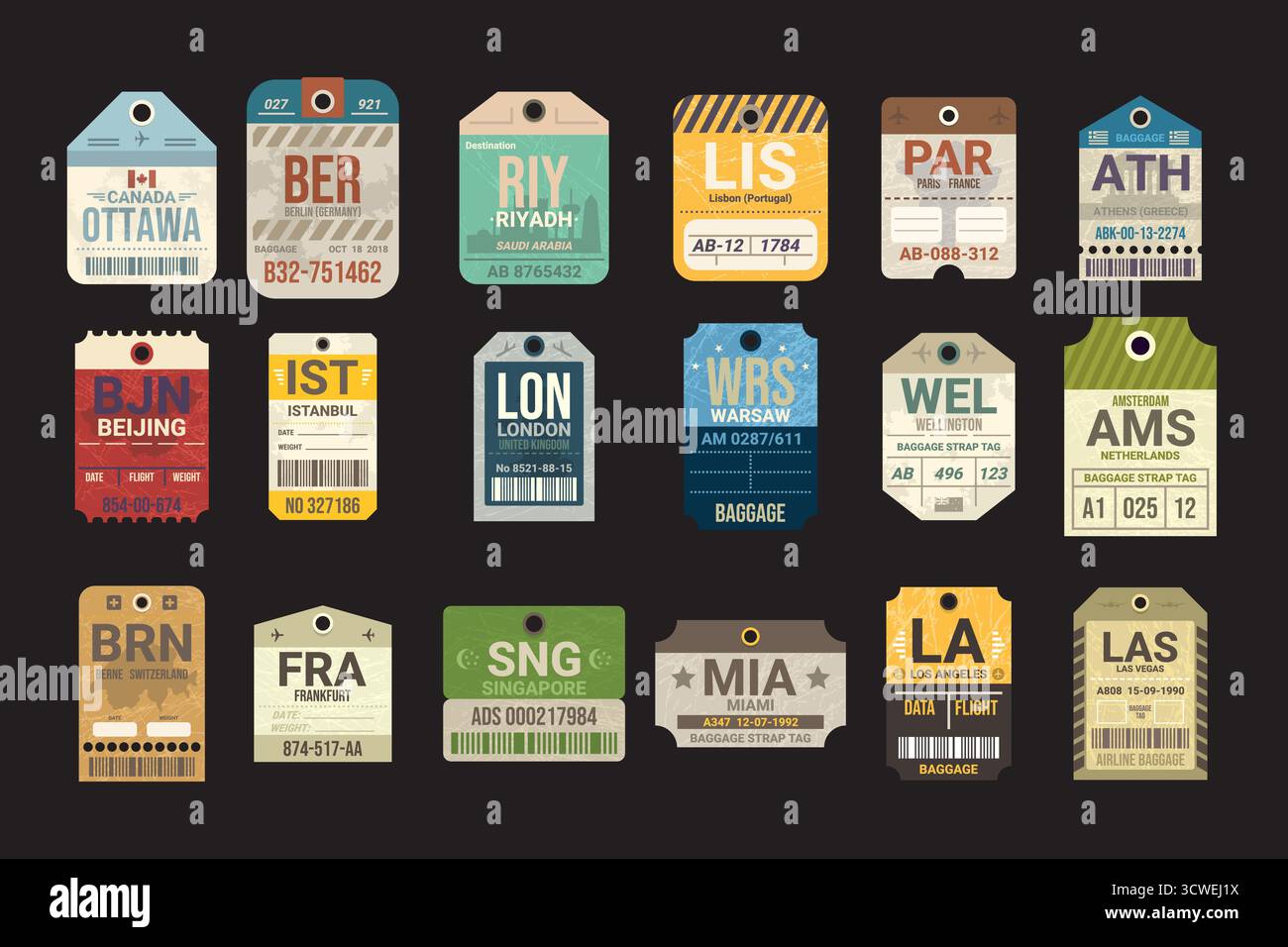Vintage-Gepäckanhänger. Reiseaufkleber für Fluggepäck, Flughafen alter Gepäckanhänger Retro-Etikett Flugticket Urlaubsreise europa Stadtzeichen Stock Vektor