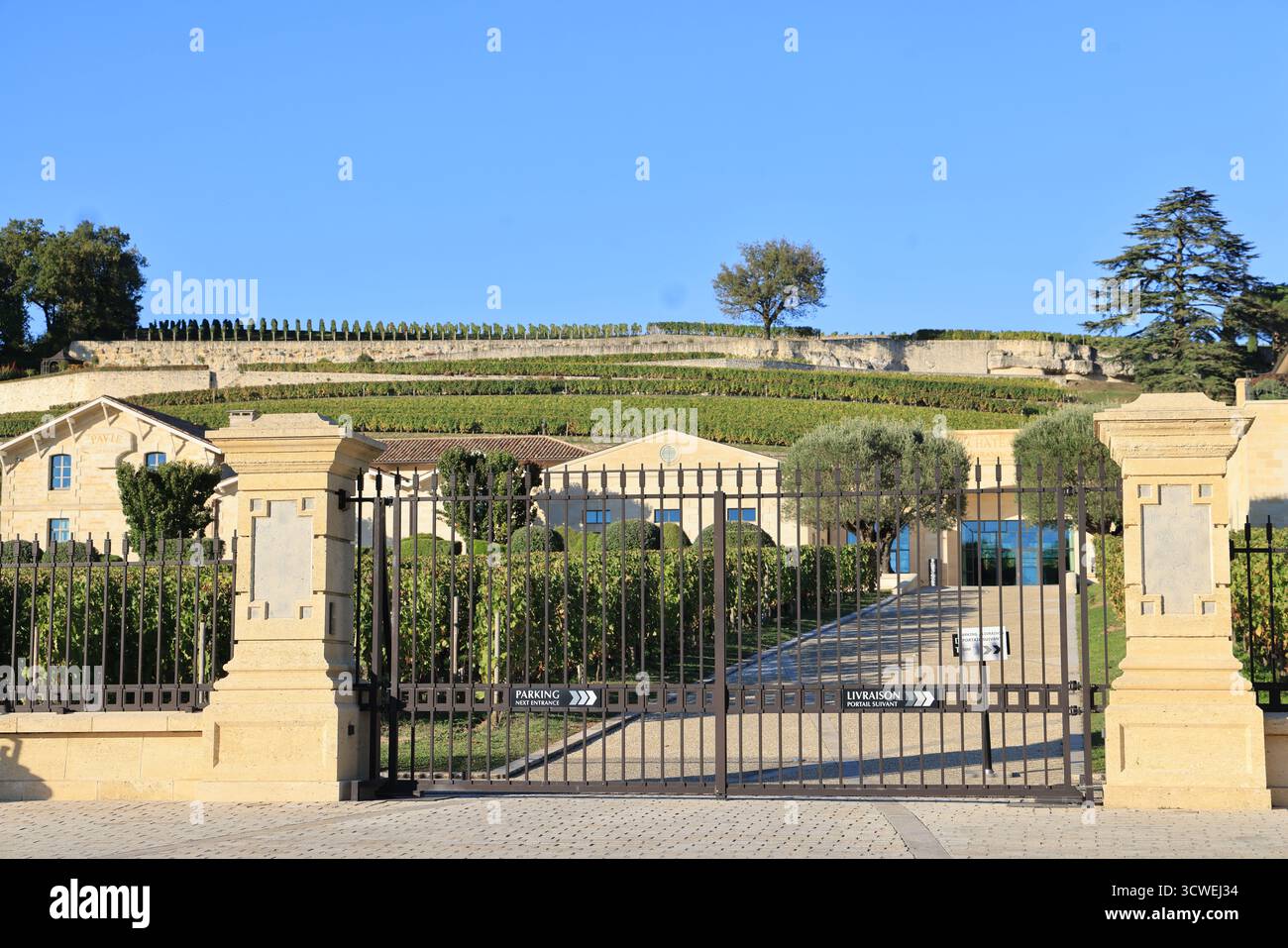 Saint-Emilion. Château Pavie, ein Weingut, dessen Wein ein Premier Grand Cru Classé A in den Saint-Emilion-Weinen ist. Gironde, Frankreich. Stockfoto Saint-Emilion. Château Pavie, ein Weingut, dessen Wein ein Premier Grand Cru Classé A in den Saint-Emilion-Weinen ist. Gironde, Frankreich. Stockfoto