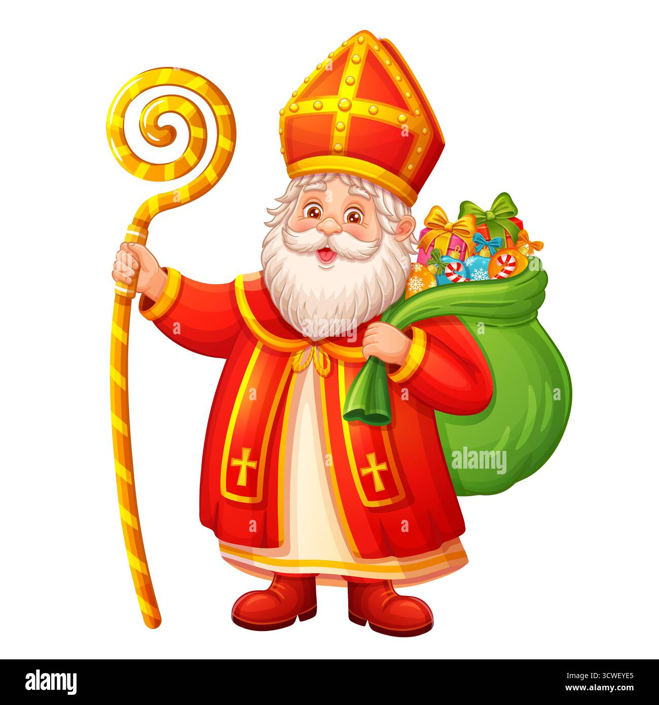 Niedlicher Heiliger Nikolaus Sinterklaas Weihnachtsfigur halten Kinder Geschenk Tasche. Happy St. Nikolaus Feiertag. Weihnachtsmann mit Kinderüberraschungs-Sack Stock Vektor