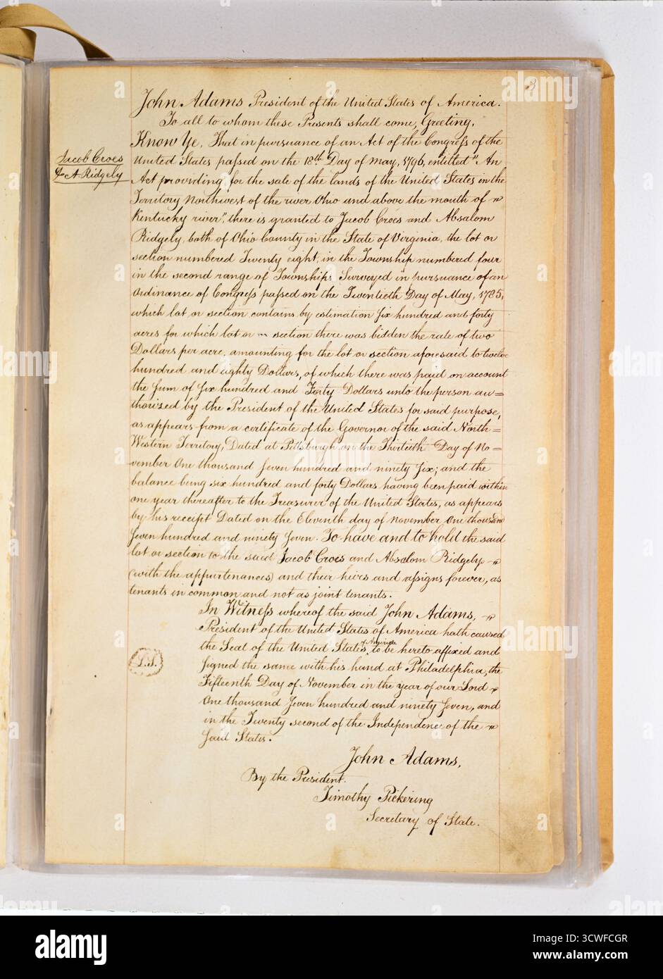 Land Grant Document verfasst von Präsident John Adams am 15. November 1797 Land Act of 1796 Federal Land Patent Section 78 Township 4 Range 2 Stockfoto