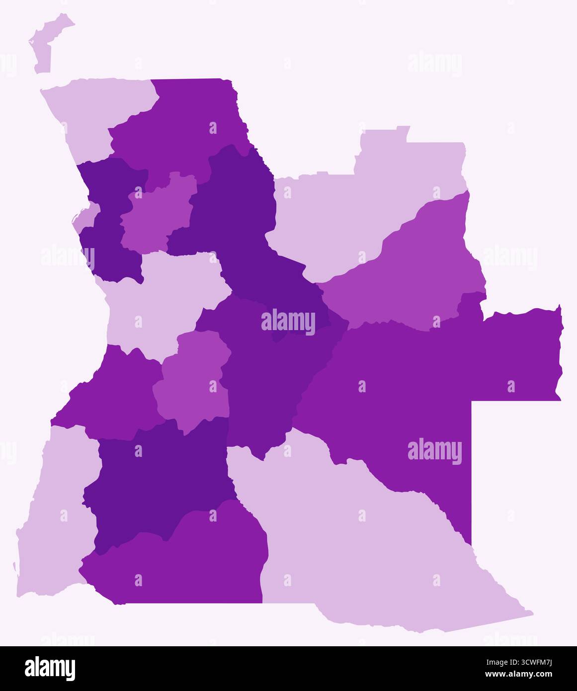 Karte von Angola mit Regionen. Nur eine einfache Ländergrenzkarte mit regionaler Aufteilung. Lila Farbpalette. Stock Vektor