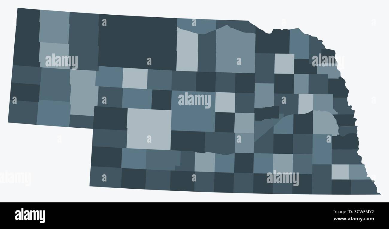 Karte von Nebraska mit Grafschaften. Nur eine einfache Grenzkarte mit Bezirksverteilung. Farbpalette Blaugrau. Stock Vektor