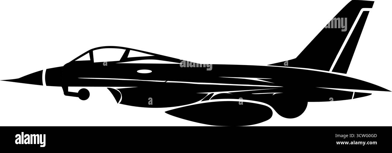 Schwarze Silhouette eines militärischen Kampfflugzeugs mit externen Panzern Stock Vektor