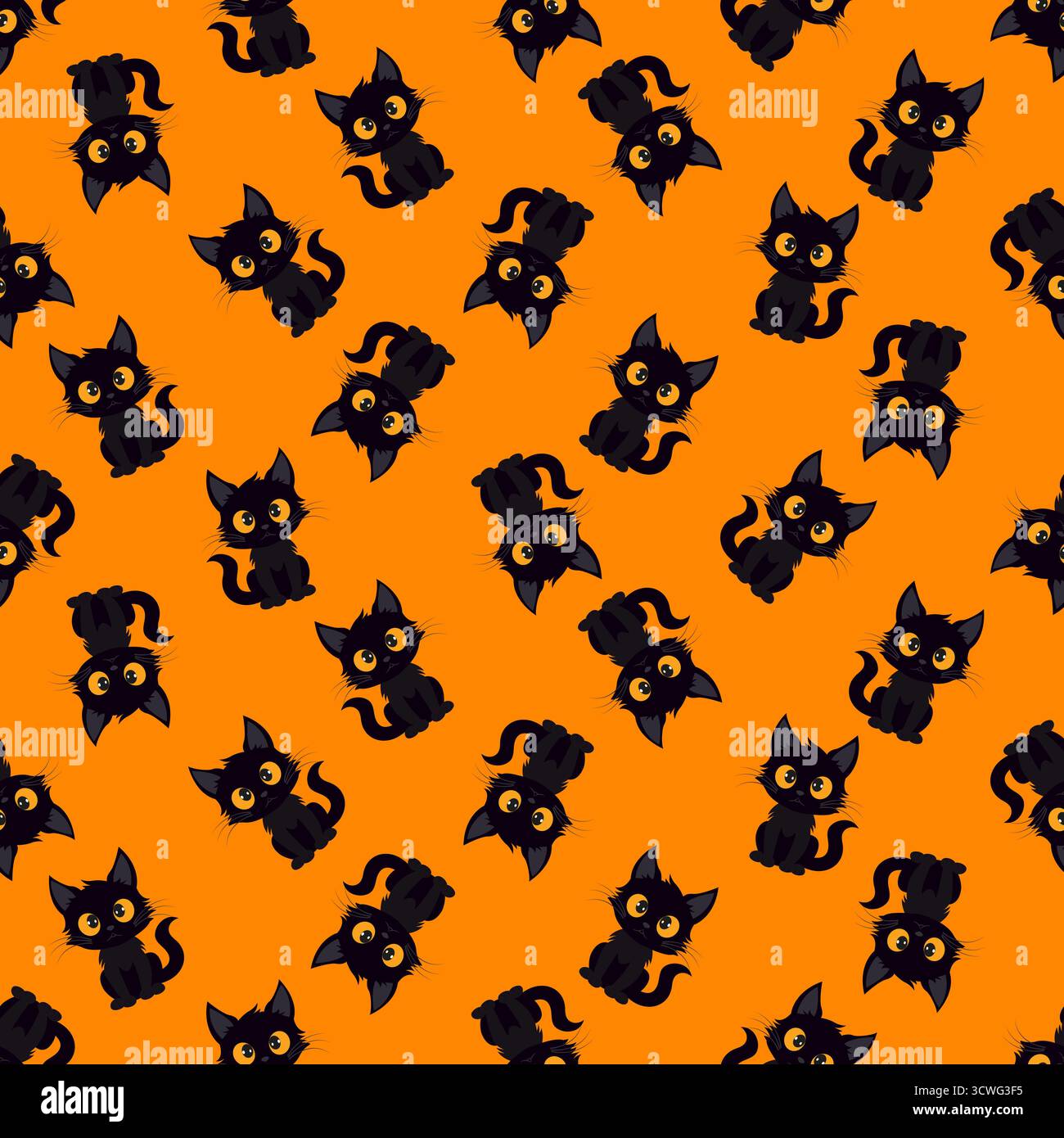 Nahtloses halloween-Muster mit schwarzen Katzen auf orangefarbenem Hintergrund. Stock Vektor